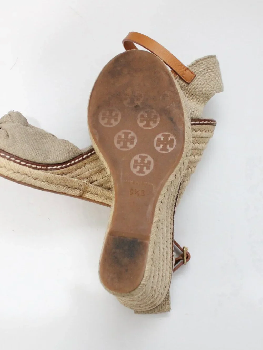 TORY BURCH Natural Linen Canvas Peep Toe Wedge Platform Espadrille Heels Tan 8.5